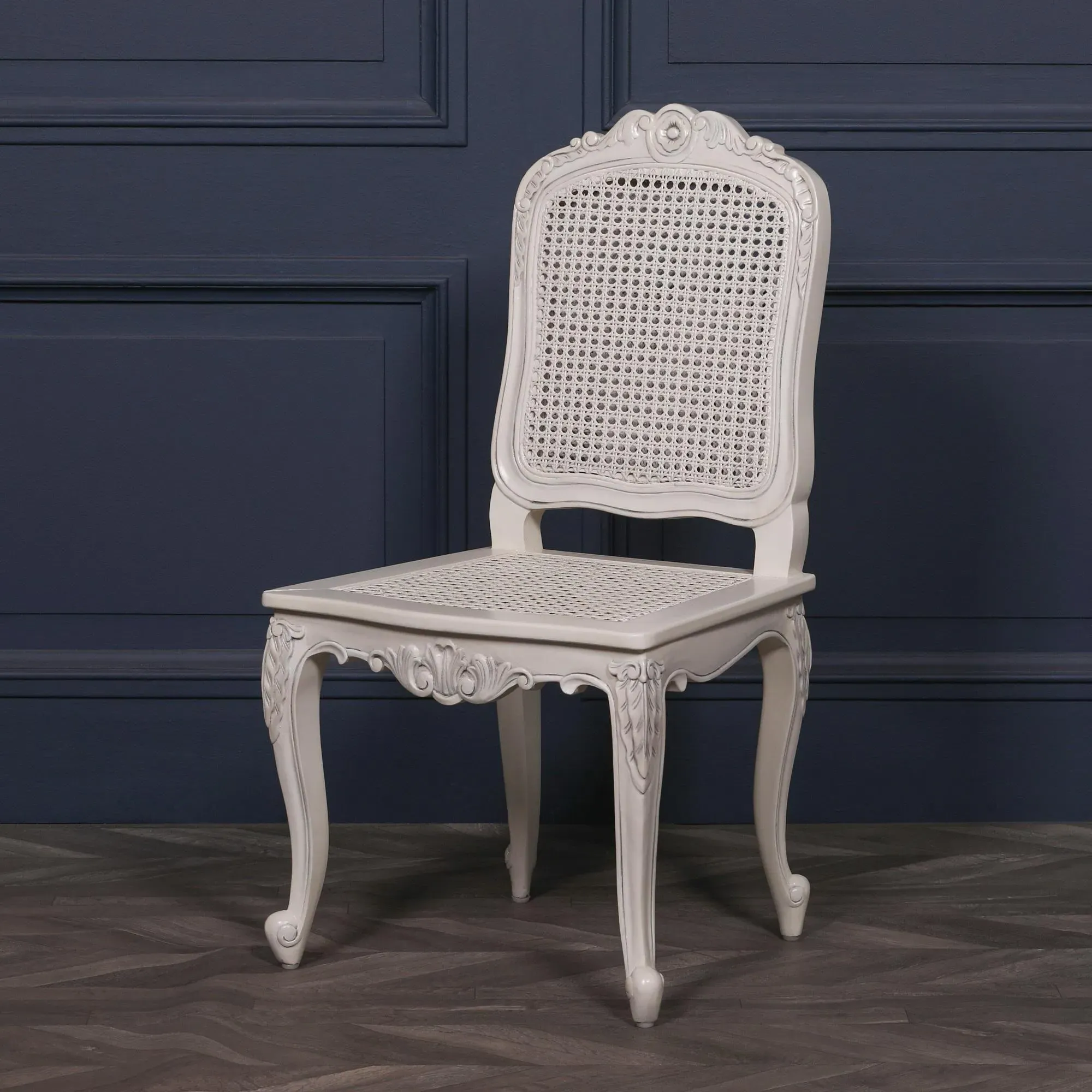 Carved Dining Chair with Rattan Back - Off White, Mahogany