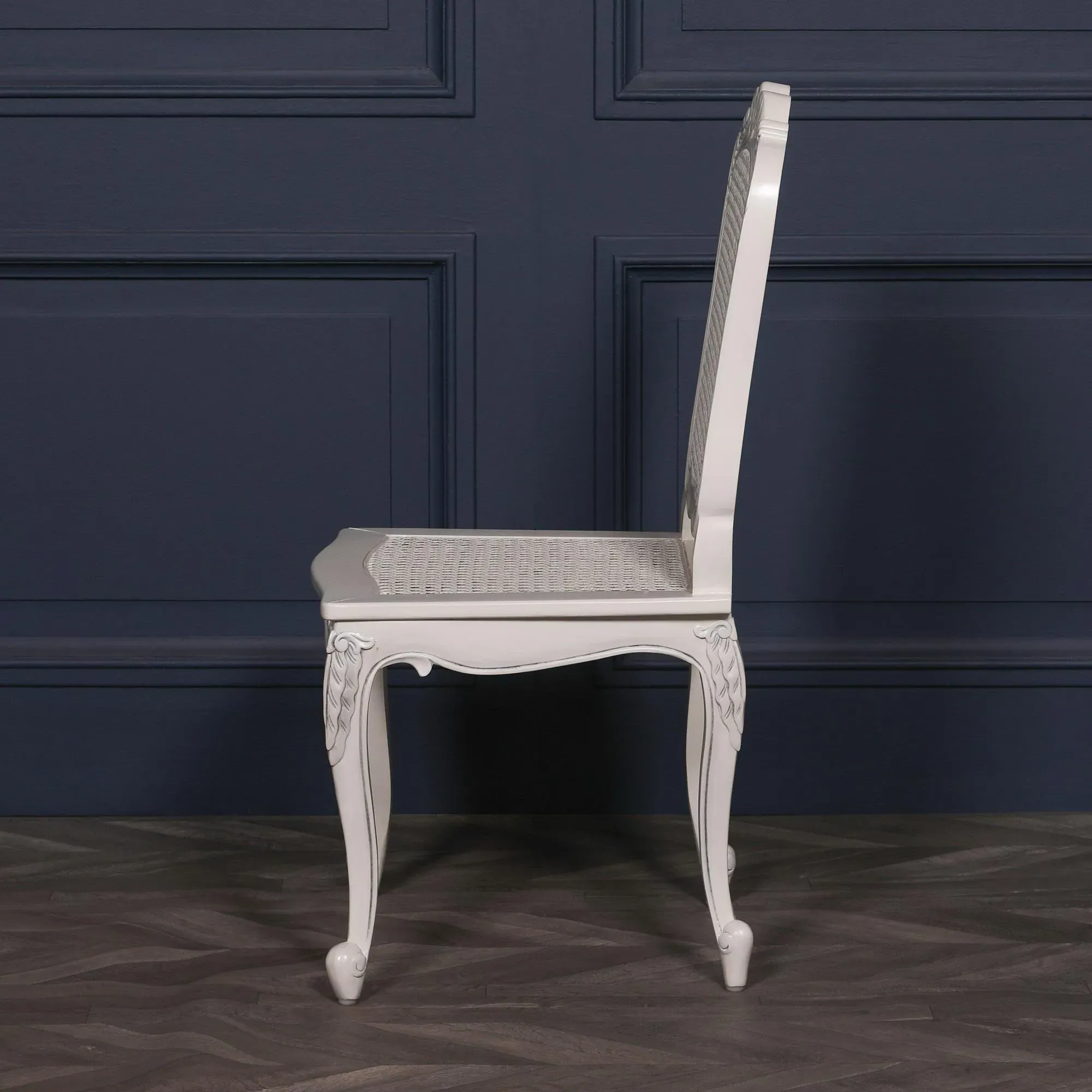 Carved Dining Chair with Rattan Back - Off White, Mahogany