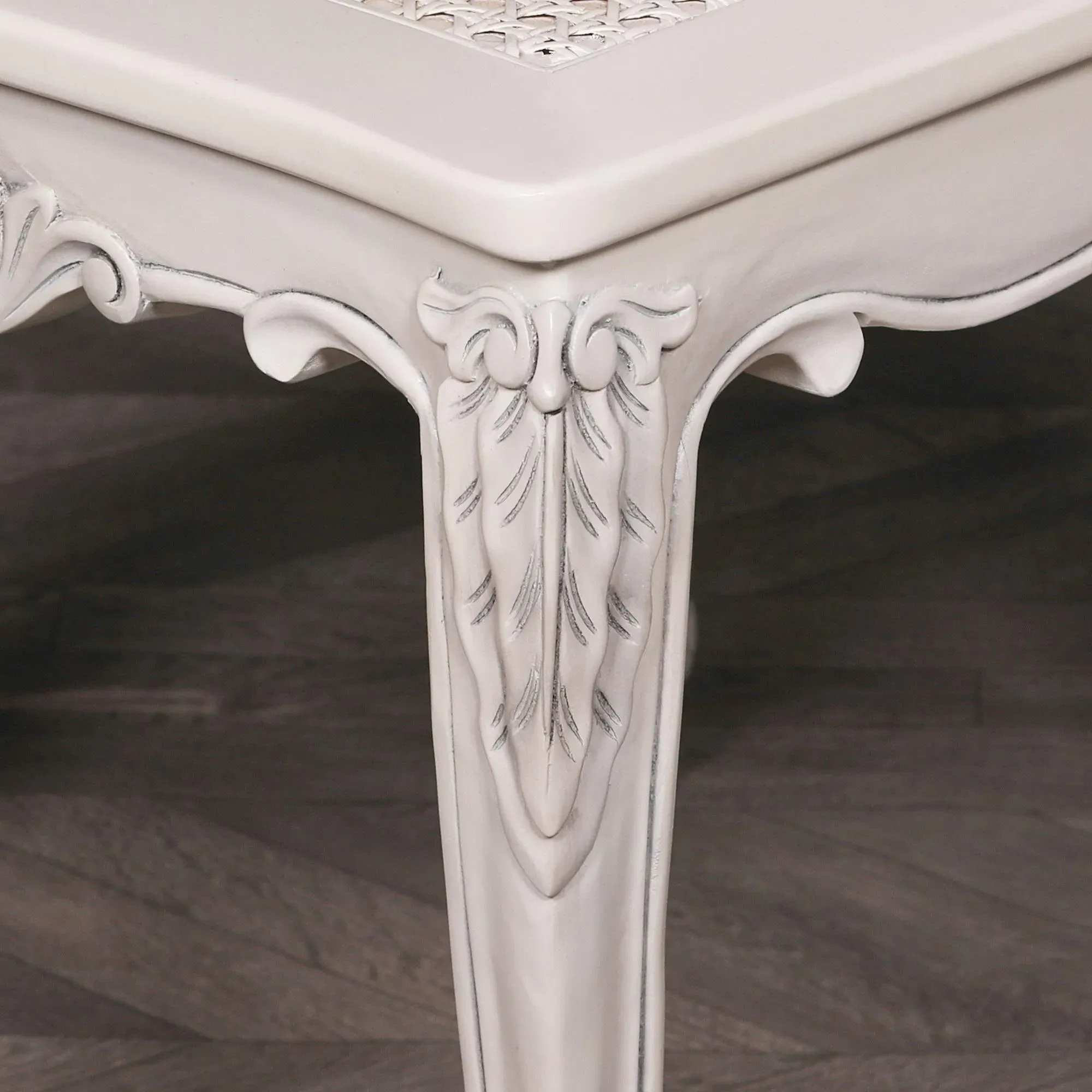 Carved Dining Chair with Rattan Back - Off White, Mahogany