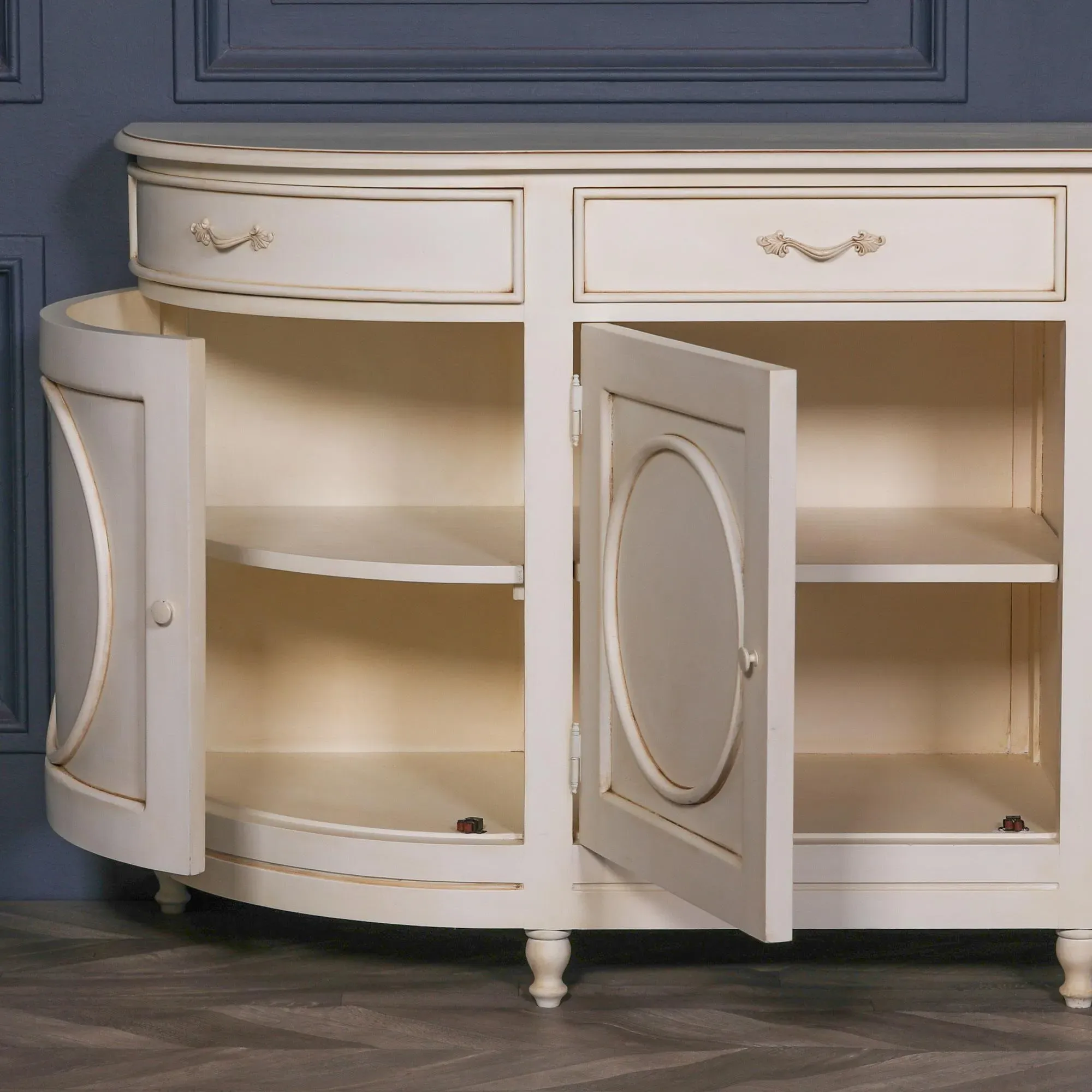 Corley Curved 4 Door Extra Large Sideboard - Ivory, Mahogany