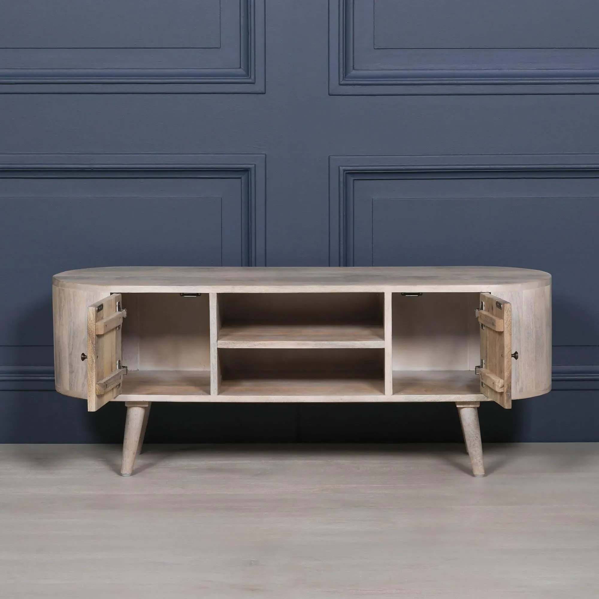 Curved 2 Door TV Unit - Washed Mango Wood