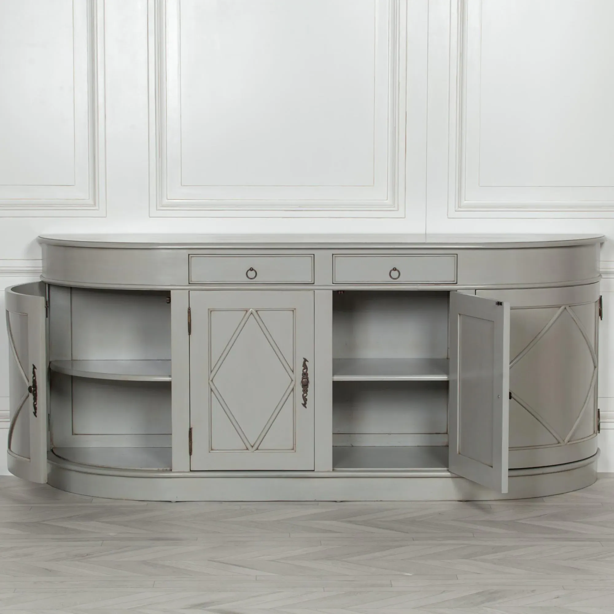 Curved 4 Door Extra Large Sideboard - Grey, Mahogany