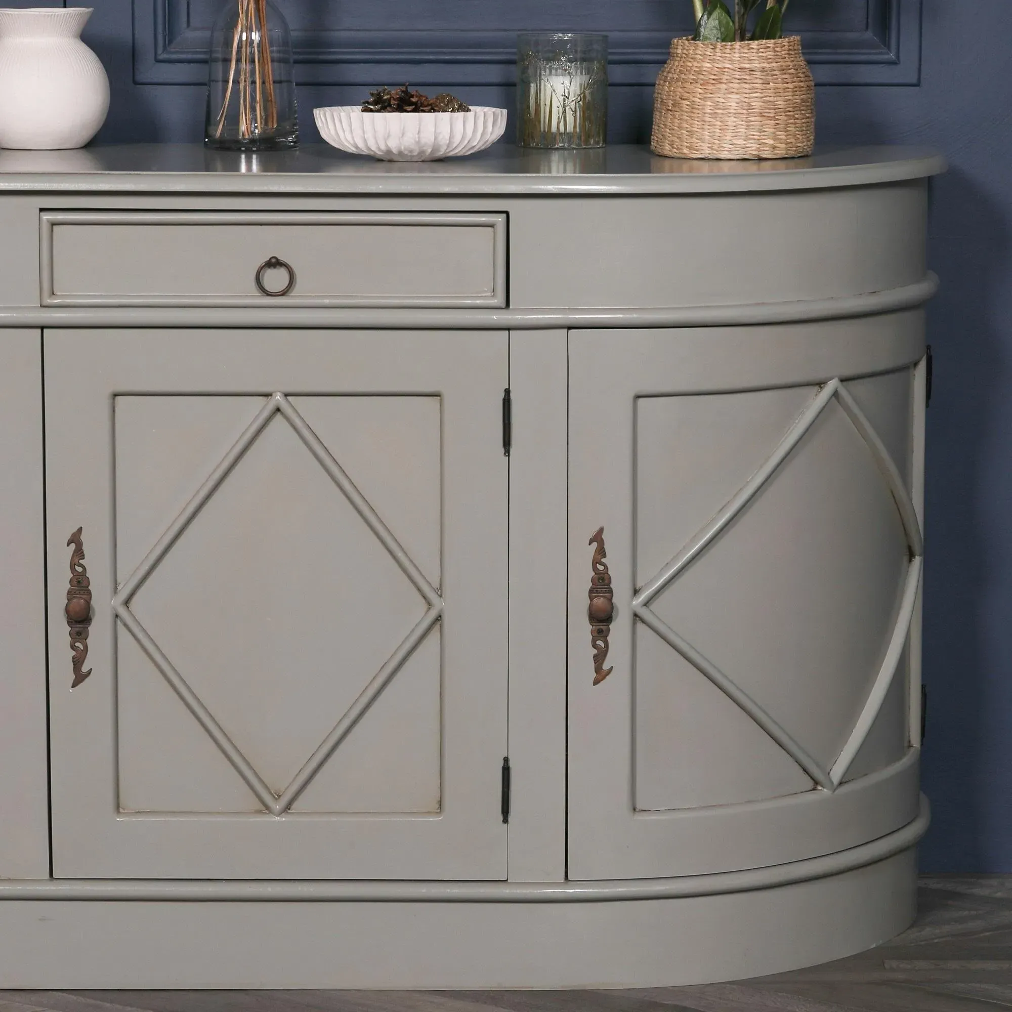 Curved 4 Door Extra Large Sideboard - Grey, Mahogany