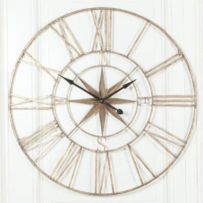 Extra Large Round Wall Clock with Compass - Rustic, Metal
