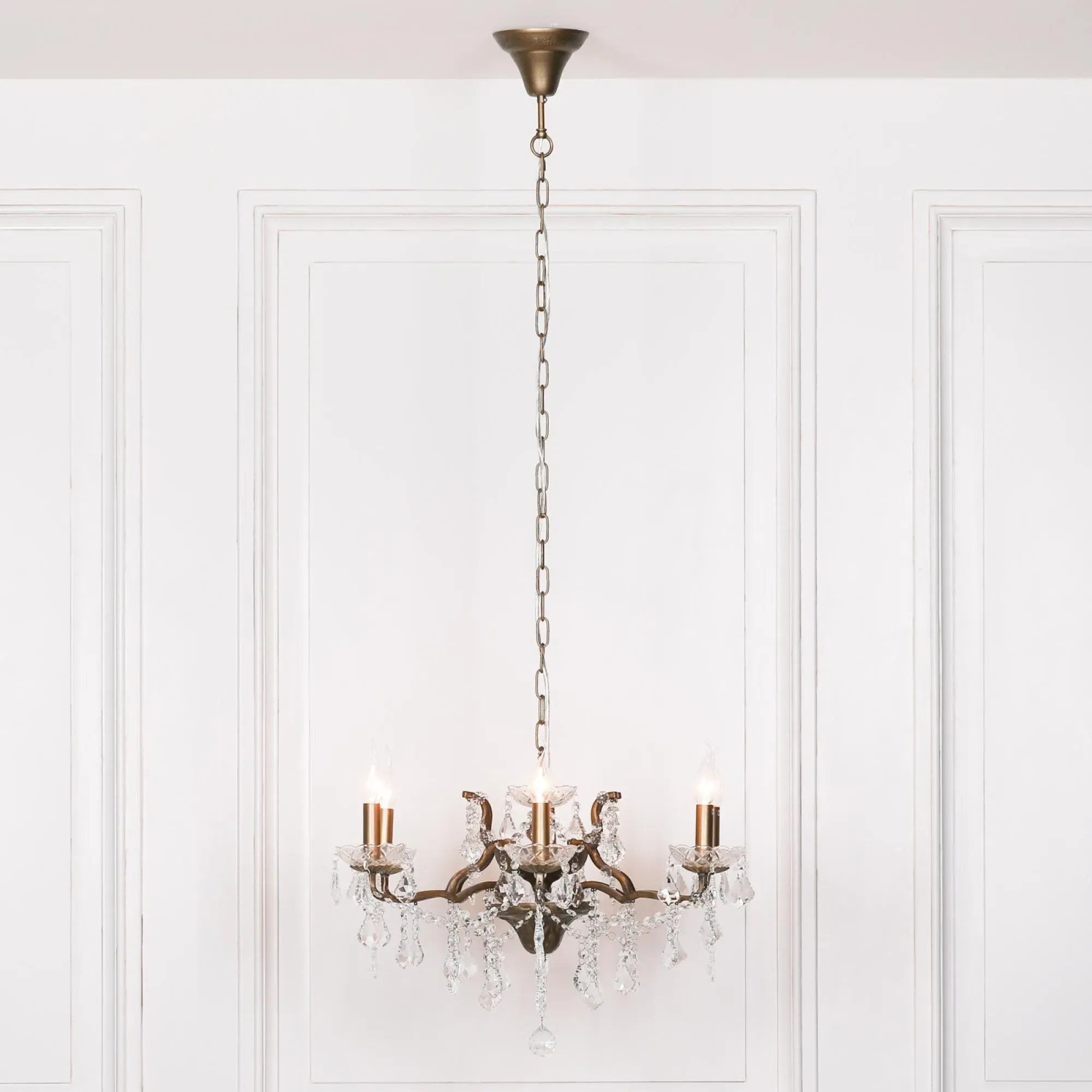 French 6 Branch Shallow Cut Glass Chandelier - Antique Gold