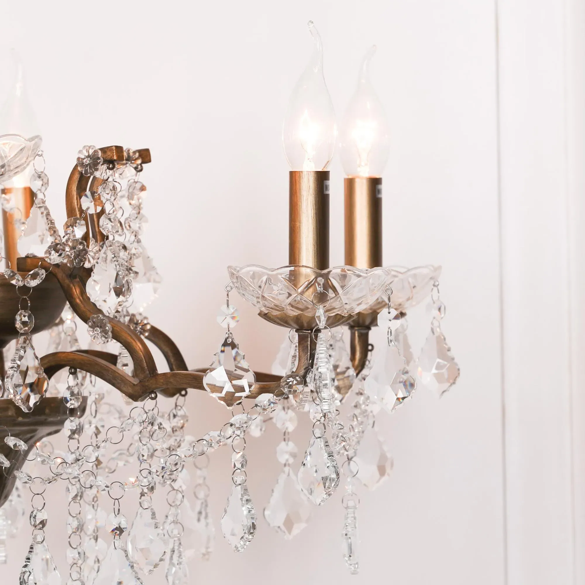 French 6 Branch Shallow Cut Glass Chandelier - Antique Gold