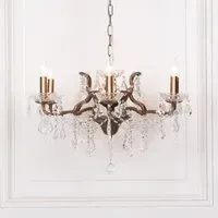 French 6 Branch Shallow Cut Glass Chandelier - Antique Gold