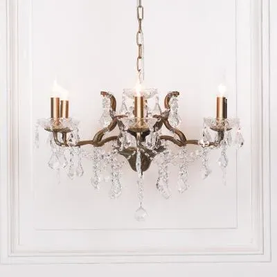 French 6 Branch Shallow Cut Glass Chandelier - Antique Gold image
