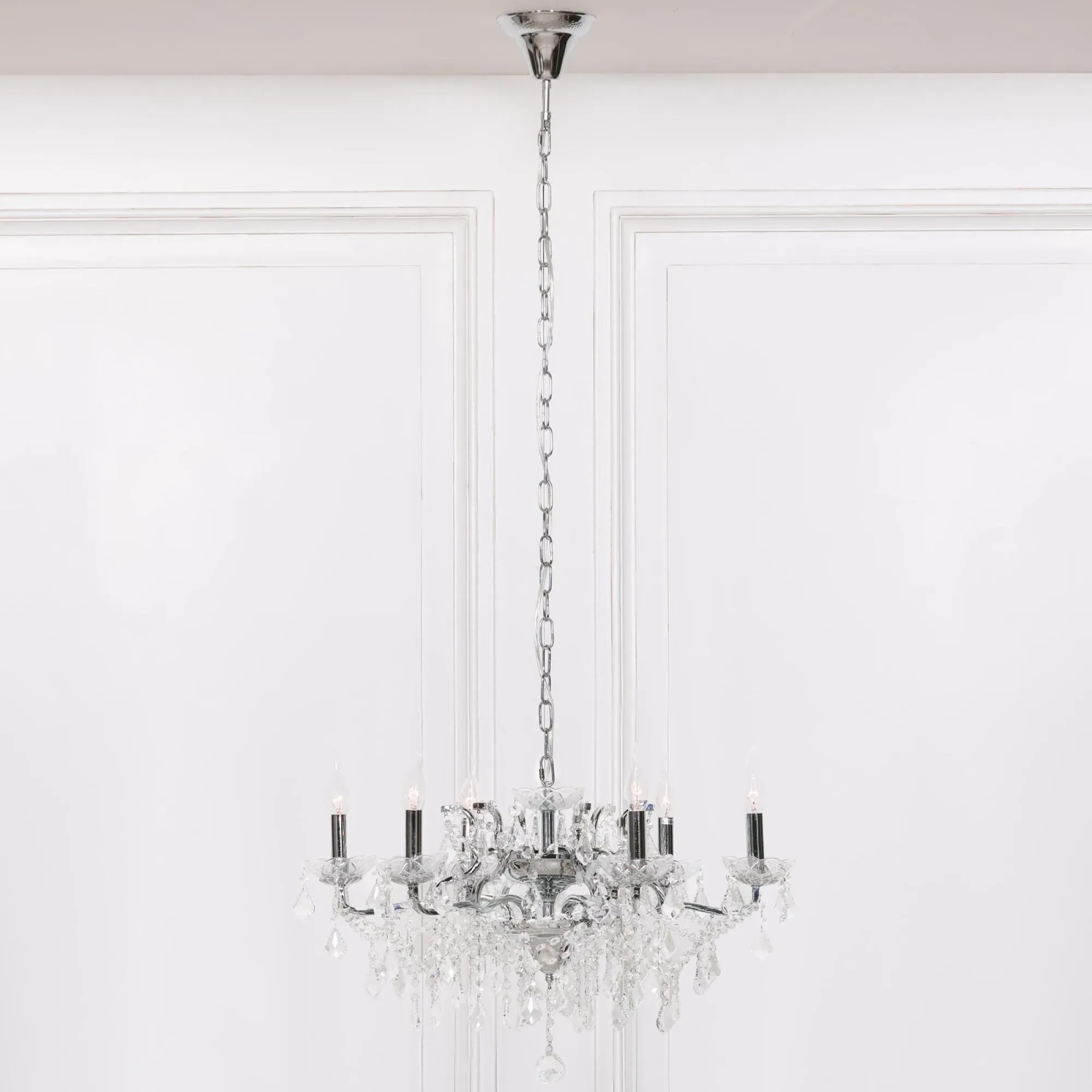 French 6 Branch Shallow Cut Glass Chandelier - Chrome