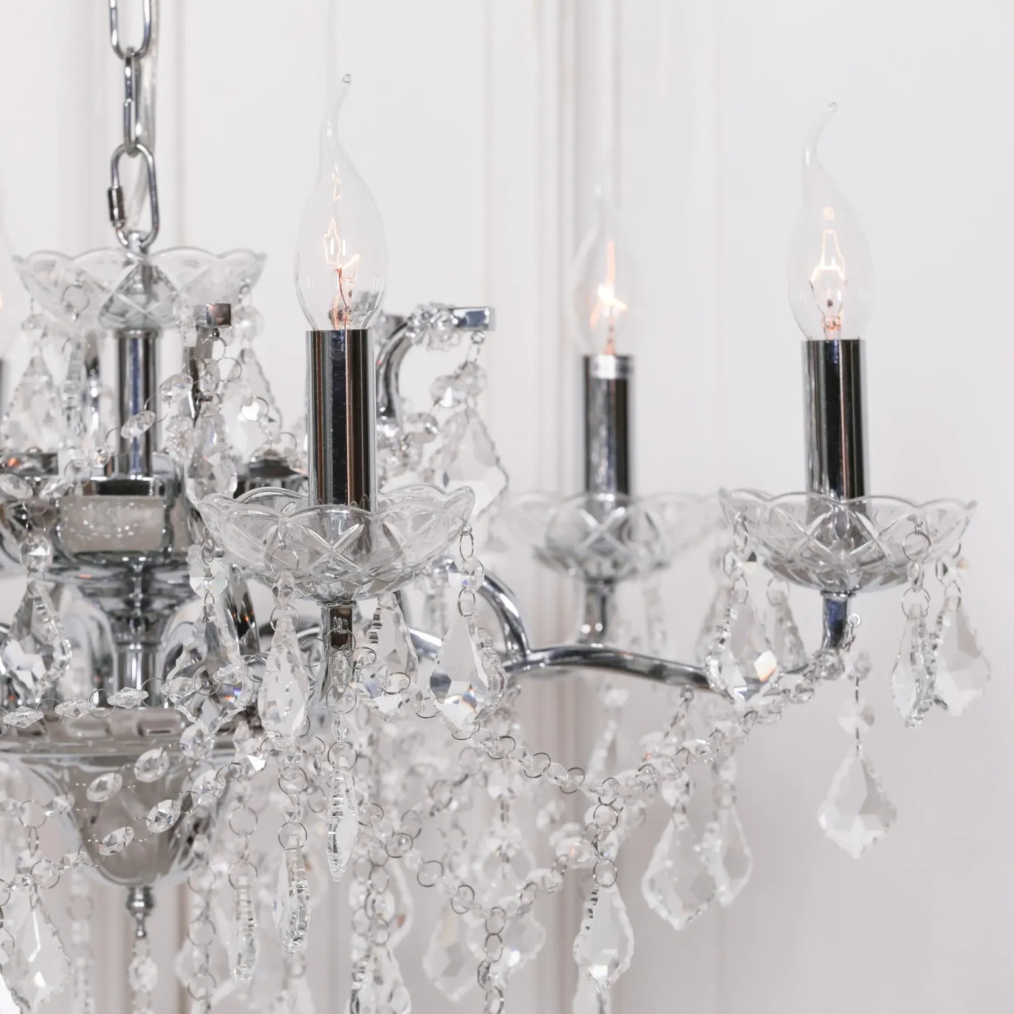 French 6 Branch Shallow Cut Glass Chandelier - Chrome