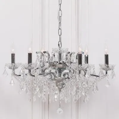 French 6 Branch Shallow Cut Glass Chandelier - Chrome