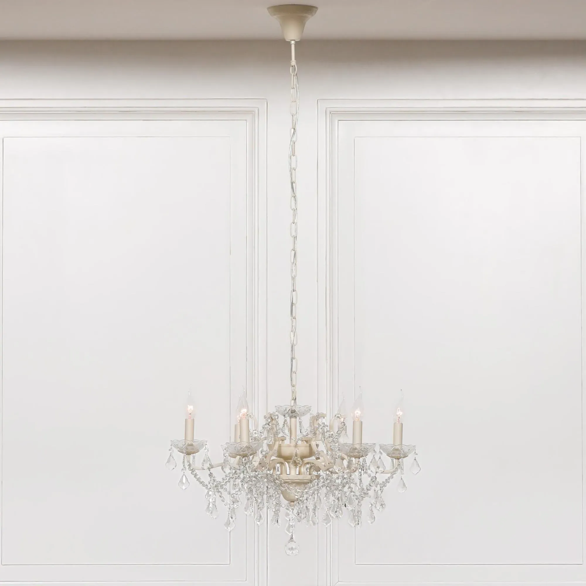 French 6 Branch Shallow Cut Glass Chandelier - Cream