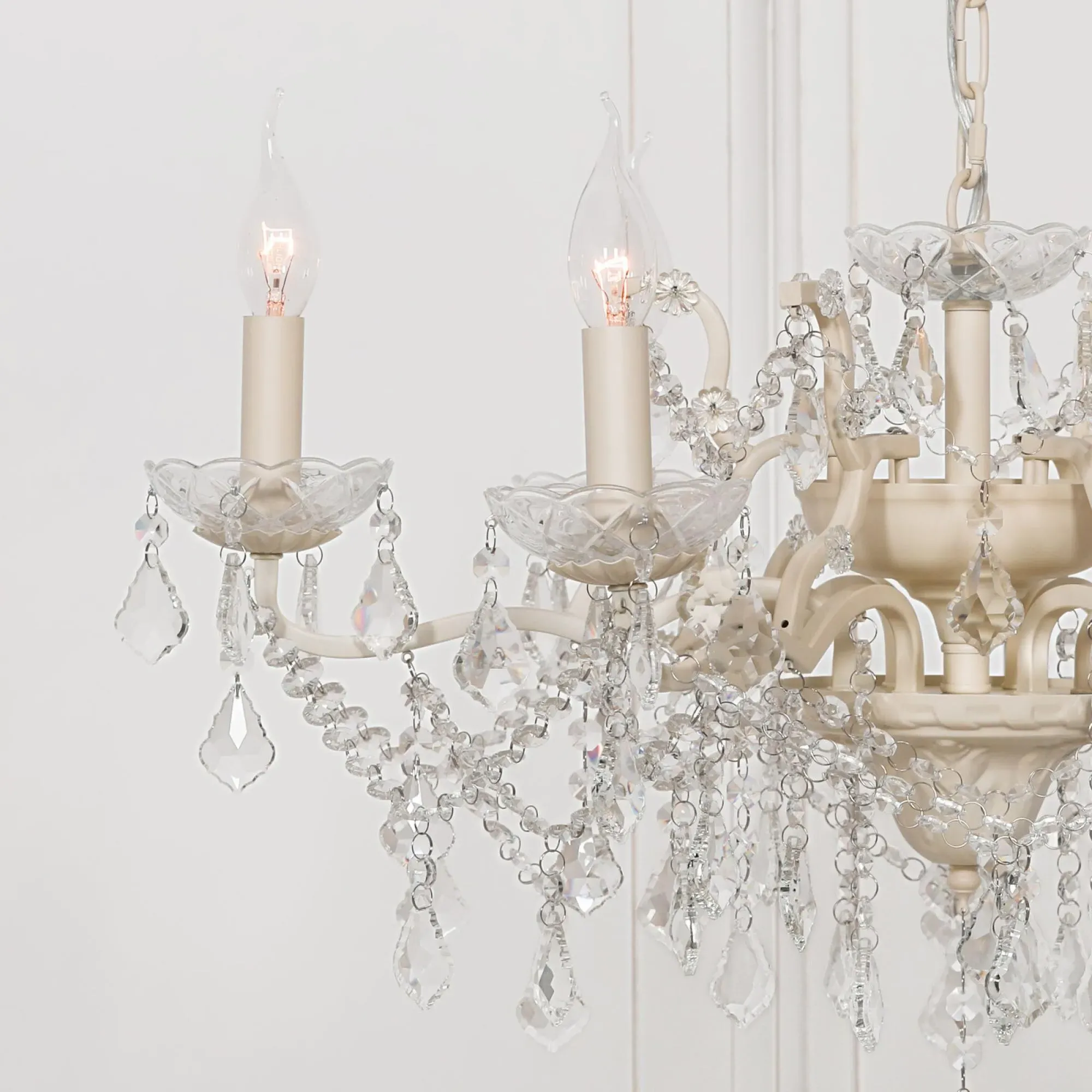 French 6 Branch Shallow Cut Glass Chandelier - Cream
