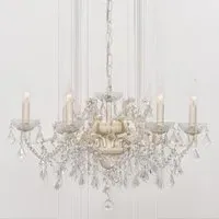 French 6 Branch Shallow Cut Glass Chandelier - Cream