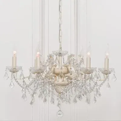 French 6 Branch Shallow Cut Glass Chandelier - Cream