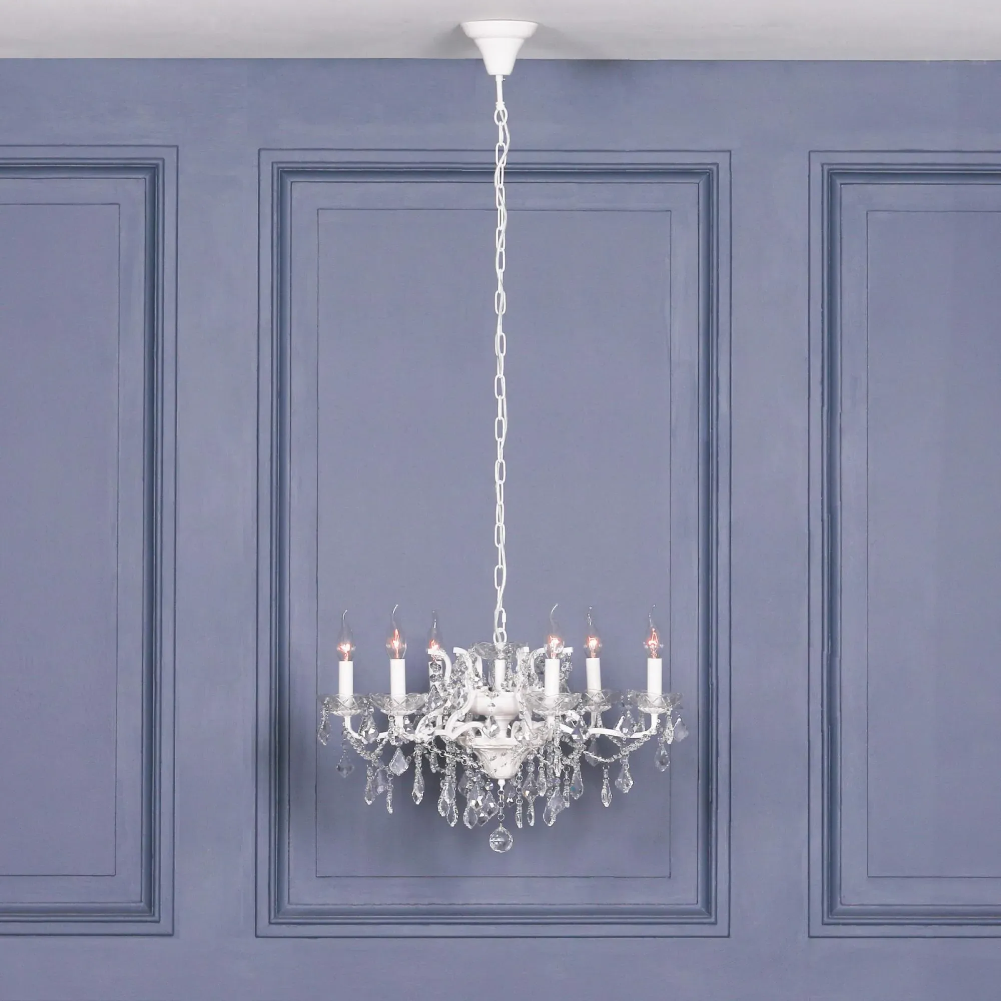 French 6 Branch Shallow Cut Glass Chandelier - White