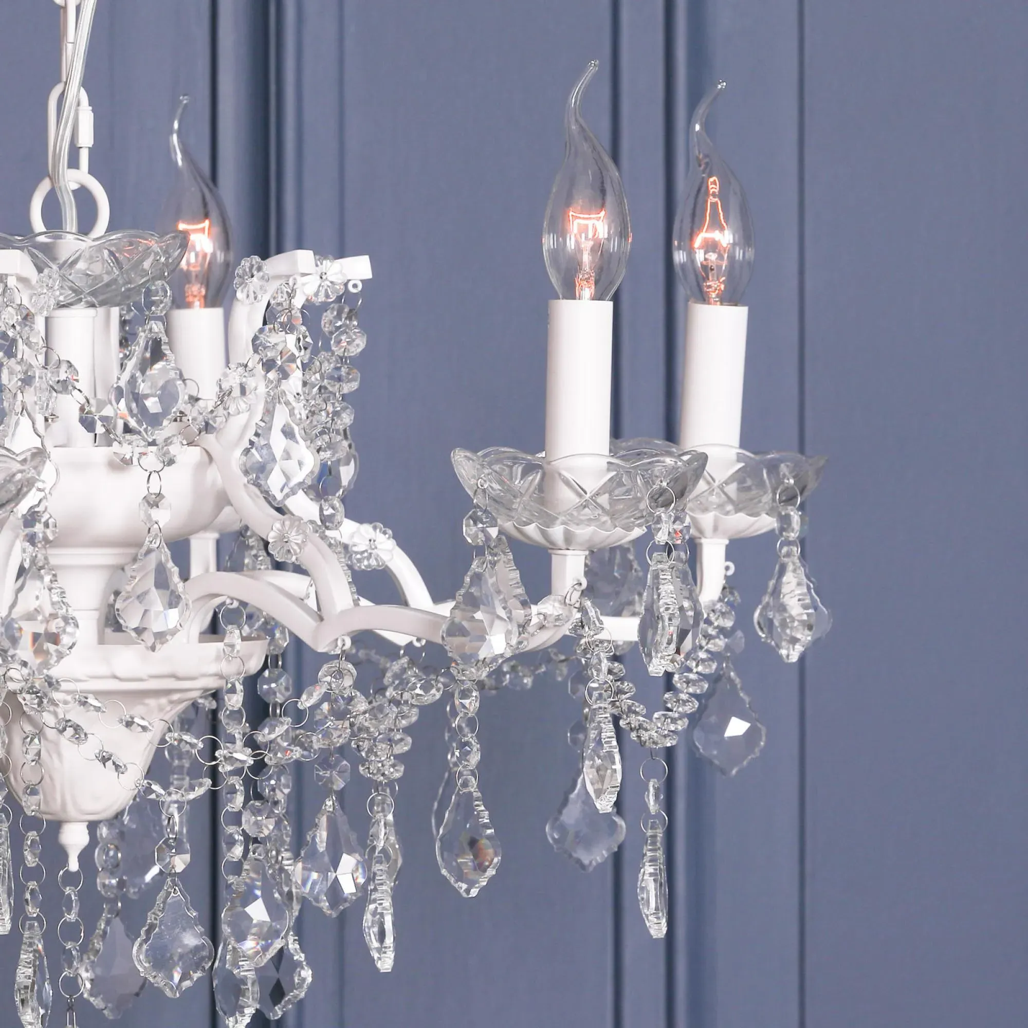 French 6 Branch Shallow Cut Glass Chandelier - White