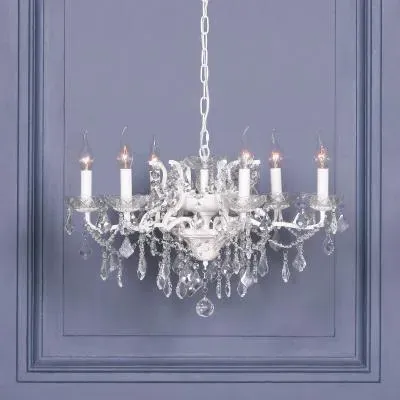 French 6 Branch Shallow Cut Glass Chandelier - White