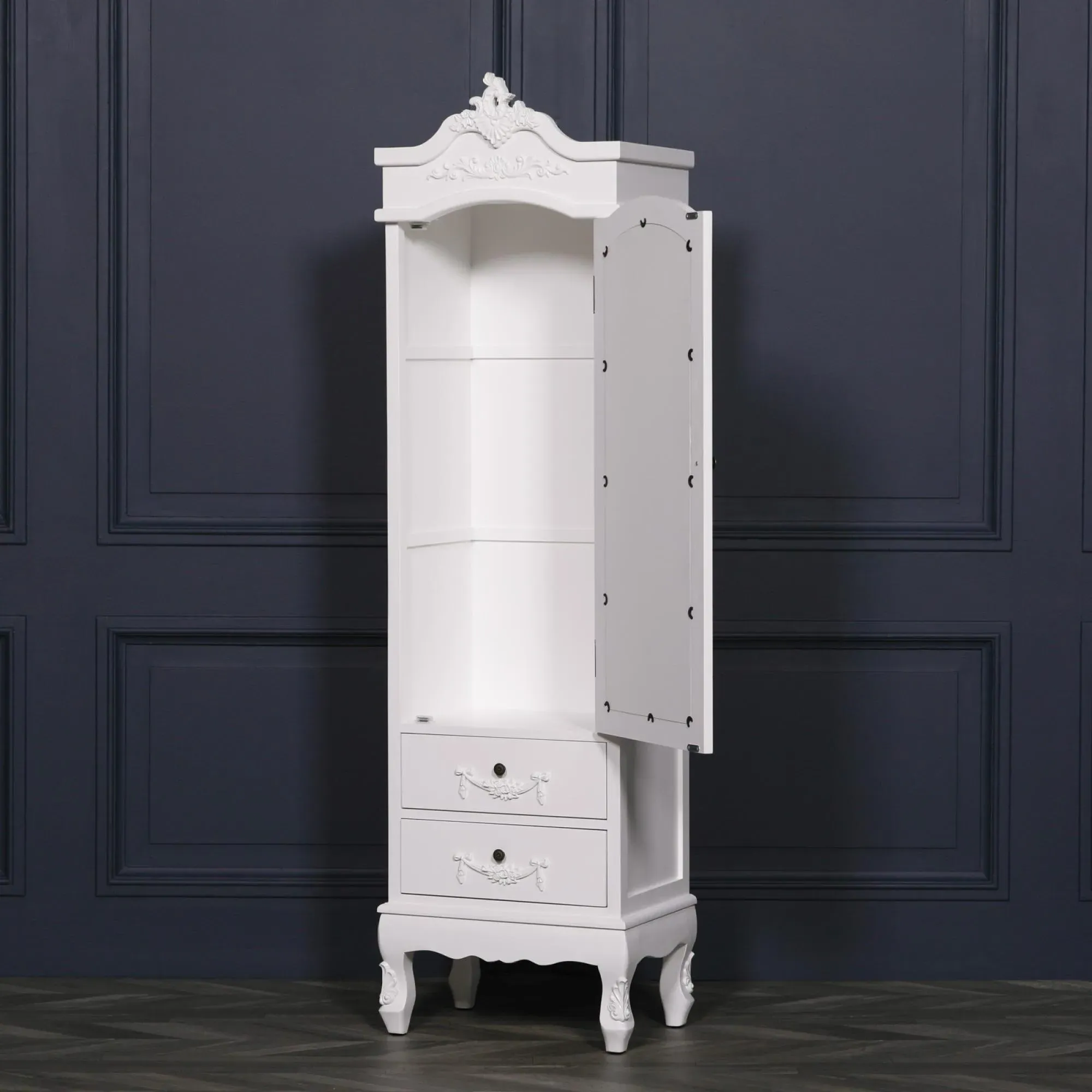 French Carved 1 Door Armoire with Drawers - White