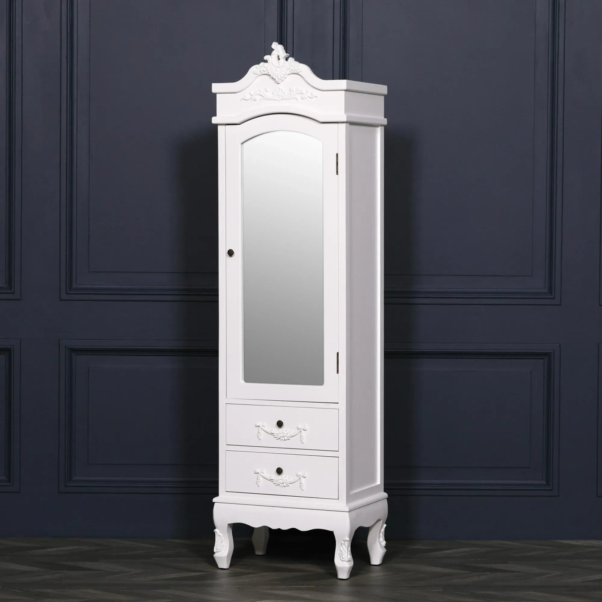French Carved 1 Door Armoire with Drawers - White