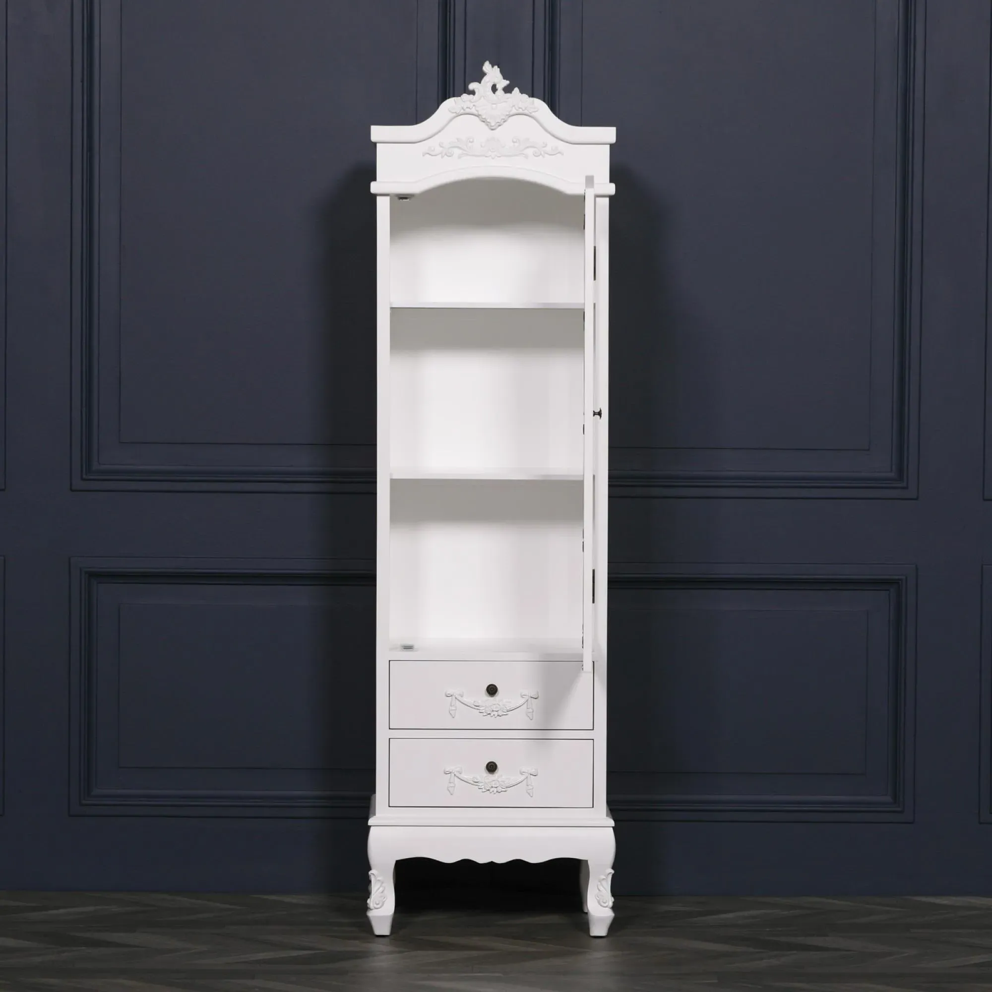 French Carved 1 Door Armoire with Drawers - White