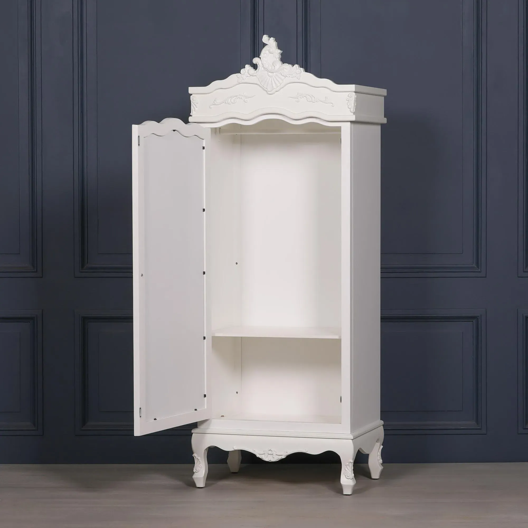 French Carved 1 Door Mirror Armoire Wardrobe - White