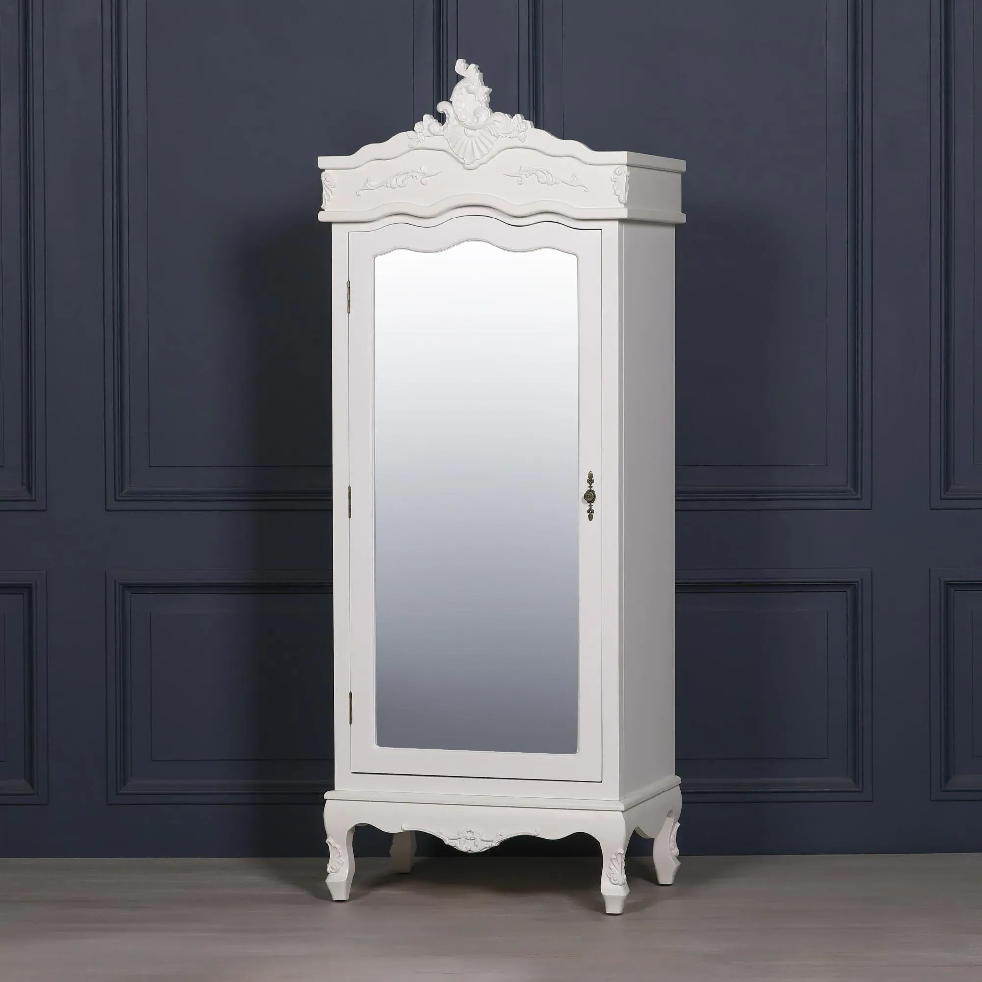 French Carved 1 Door Mirror Armoire Wardrobe - White