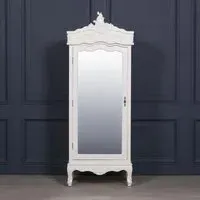 French Carved 1 Door Mirror Armoire Wardrobe - White
