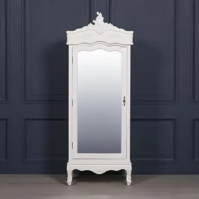 French Carved 1 Door Mirror Armoire Wardrobe - White