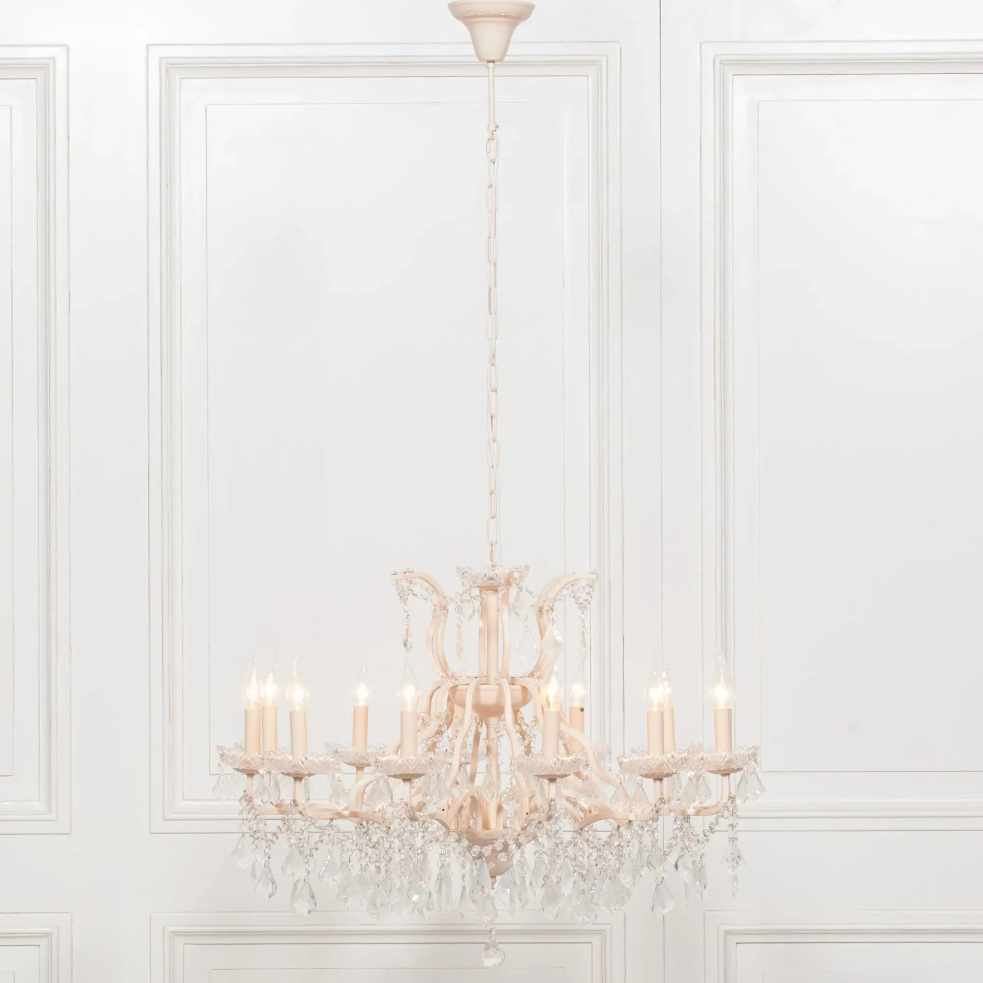 Large 12 Branch Shallow Cut Glass Chandelier - Cream