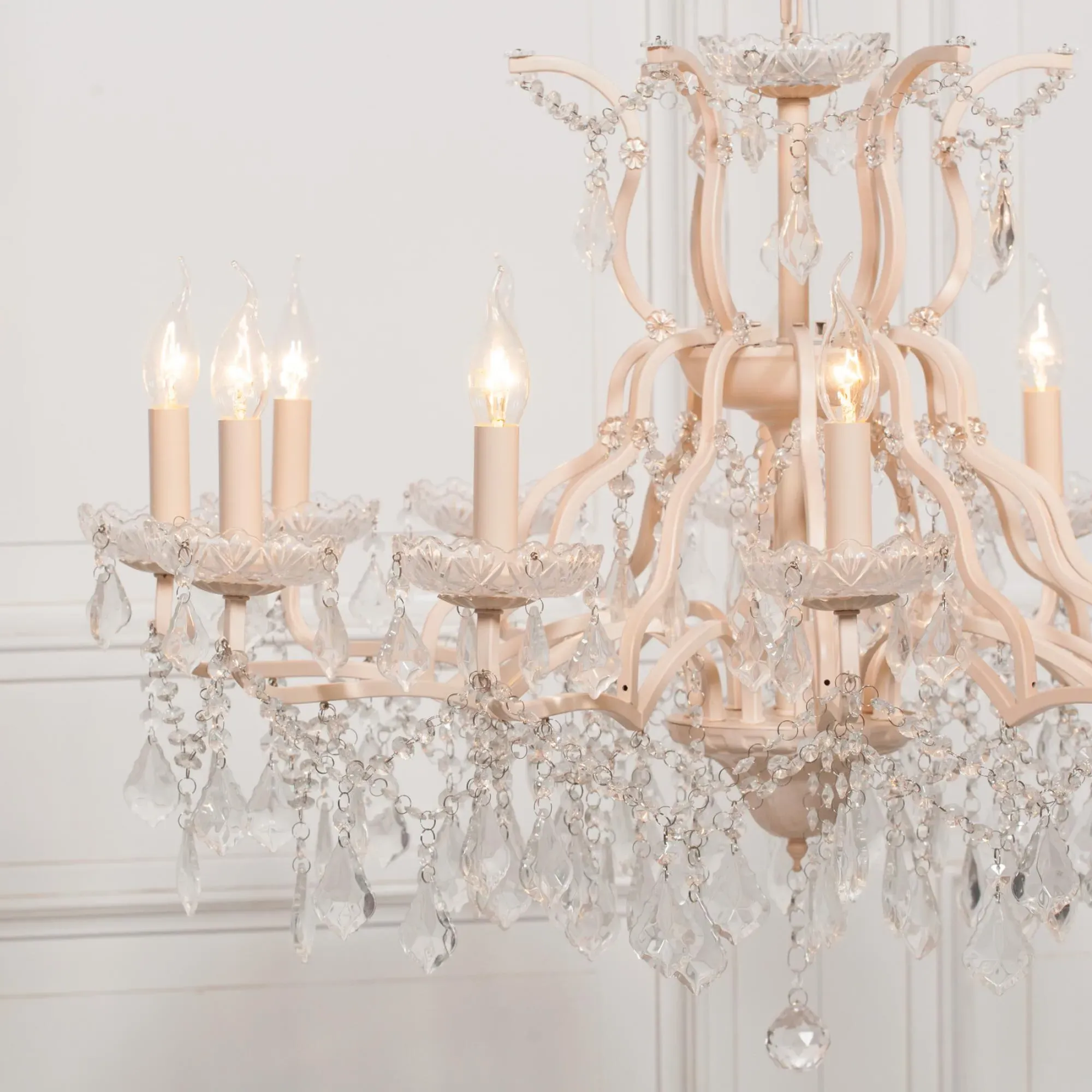 Large 12 Branch Shallow Cut Glass Chandelier - Cream