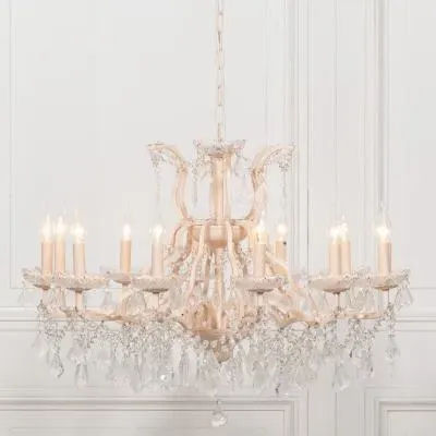 Large 12 Branch Shallow Cut Glass Chandelier - Cream