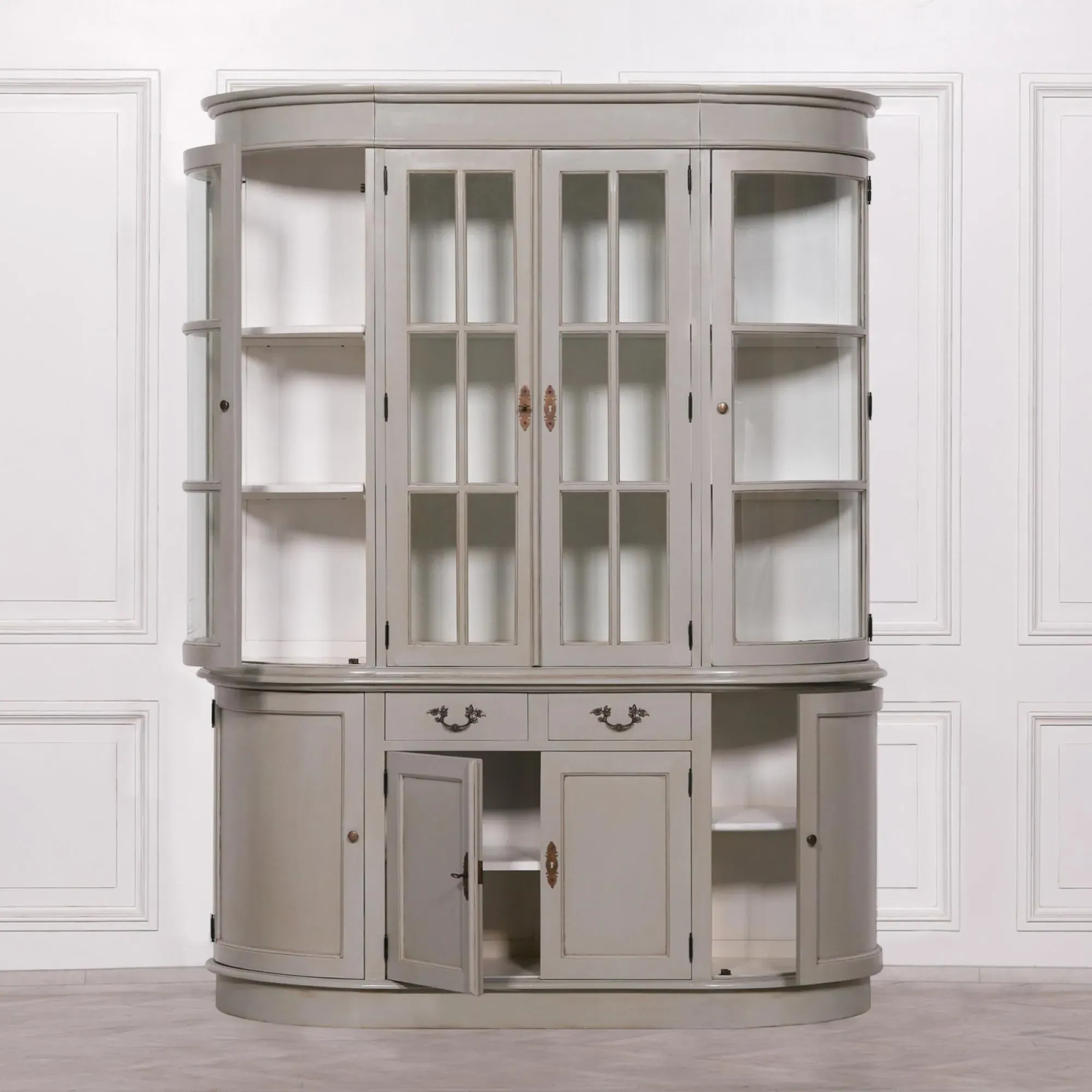 Maison Curved Display Cabinet with Glass Doors - Grey, Mahogany