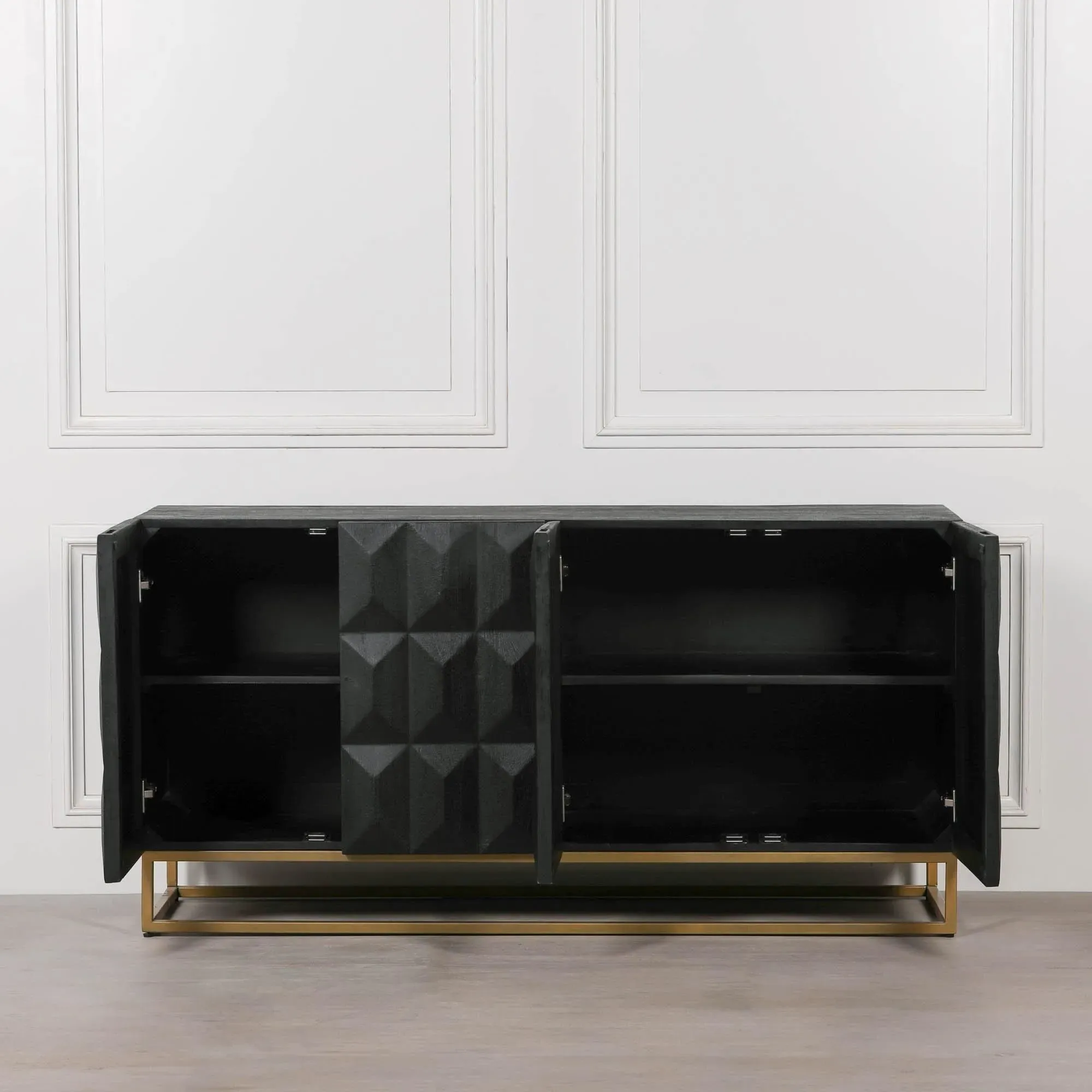 Mango Wood 4 Door Sideboard with Diamond Pattern - Black