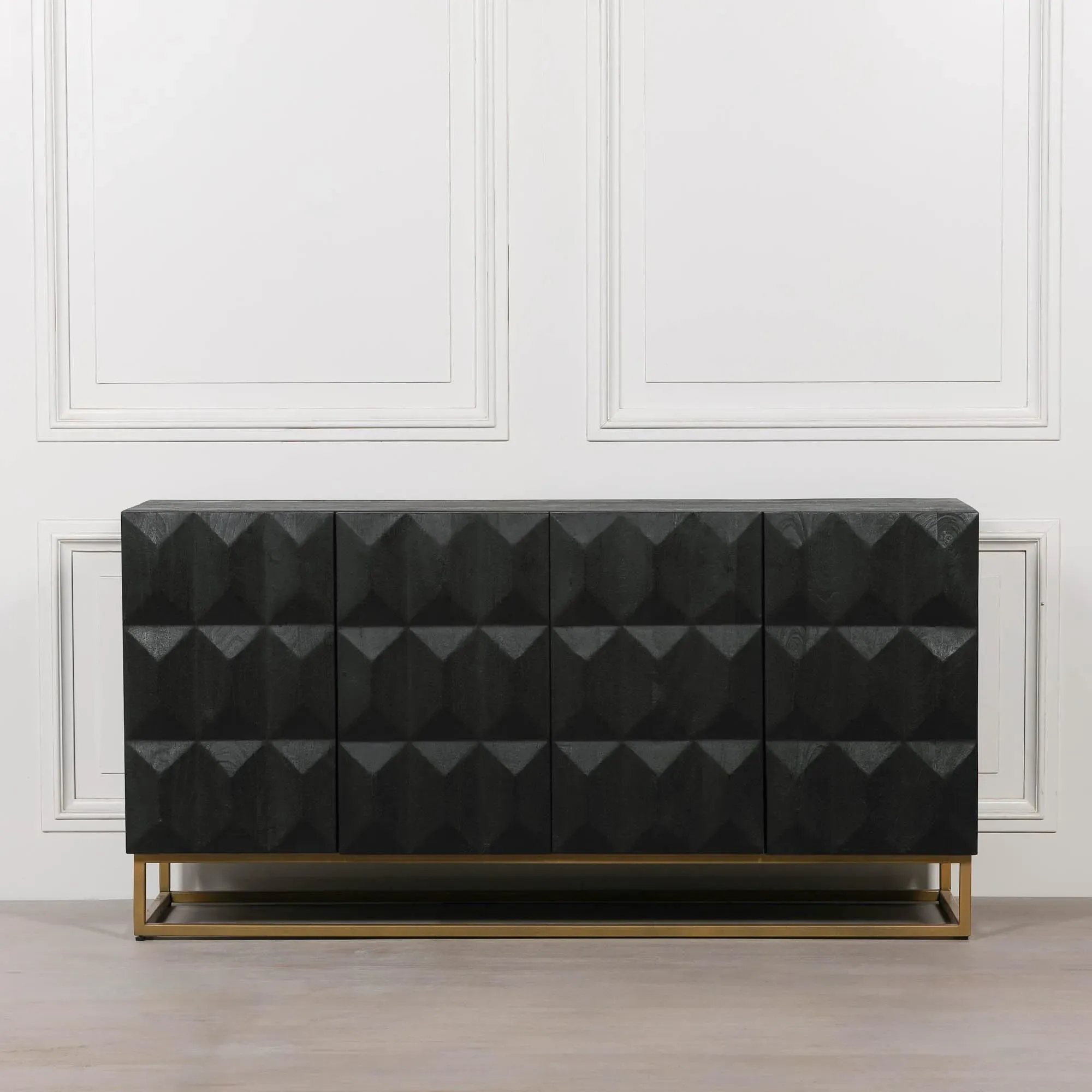 Mango Wood 4 Door Sideboard with Diamond Pattern - Black