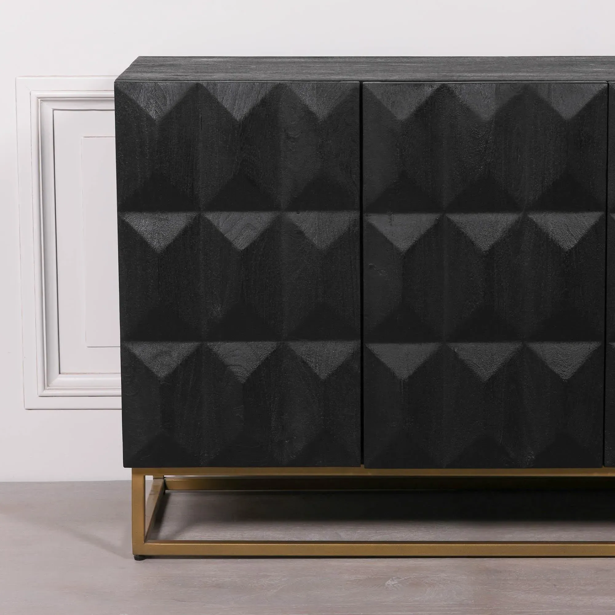 Mango Wood 4 Door Sideboard with Diamond Pattern - Black