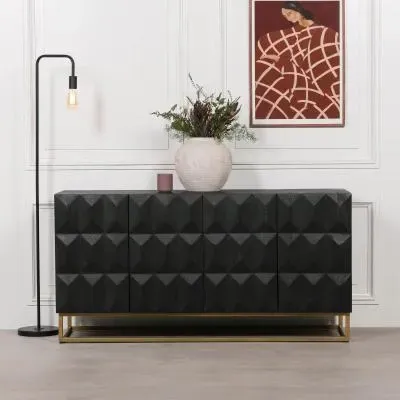 Mango Wood 4 Door Sideboard with Diamond Pattern - Black image