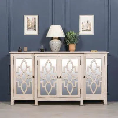 Mirrored Breakfront 4 Door Large Sideboard - Cream