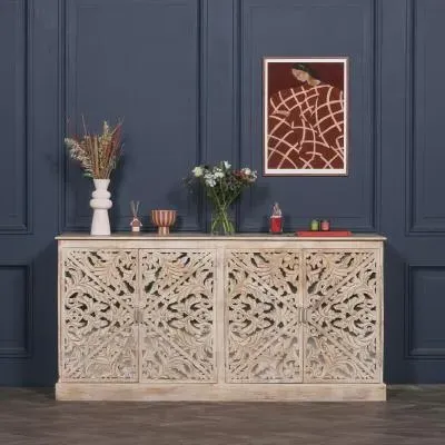 Ornate Carved 4 Door Large Sideboard - Mango Wood