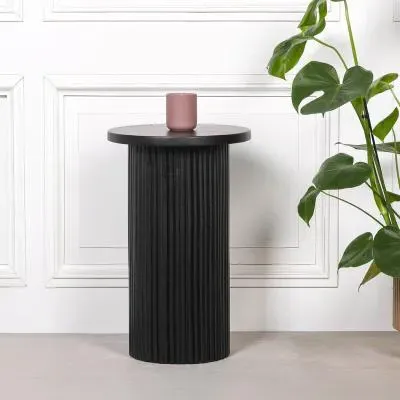 Ribbed Round Side Table - Black, Mango Wood image