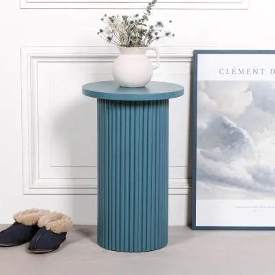 Ribbed Round Side Table - Ocean Blue, Mango Wood