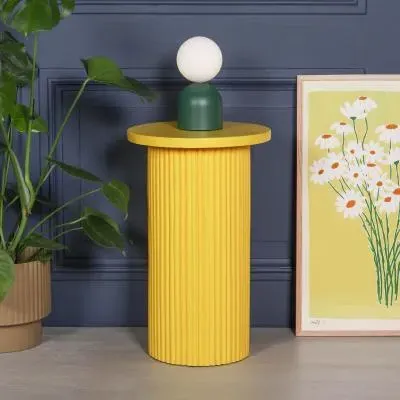 Ribbed Round Side Table - Yellow, Mango Wood