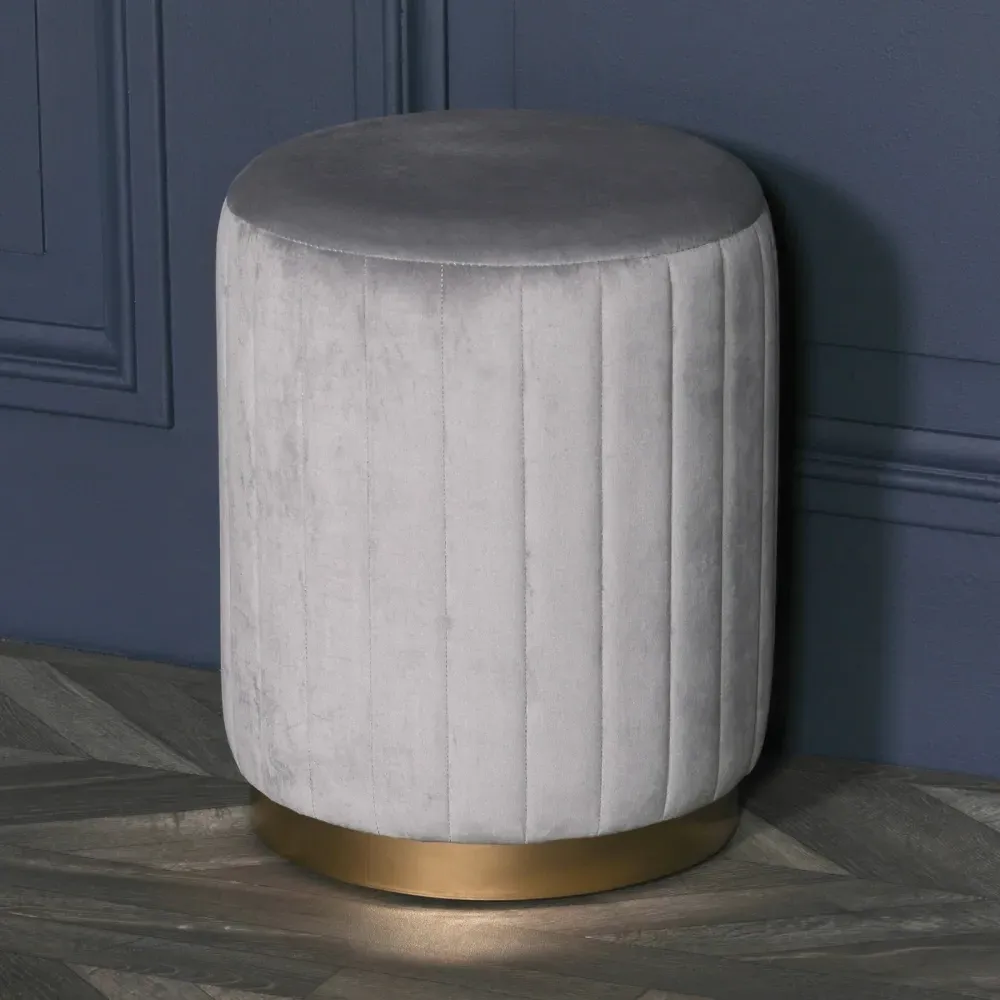 Round Ribbed Stool - Light Grey, Velvet