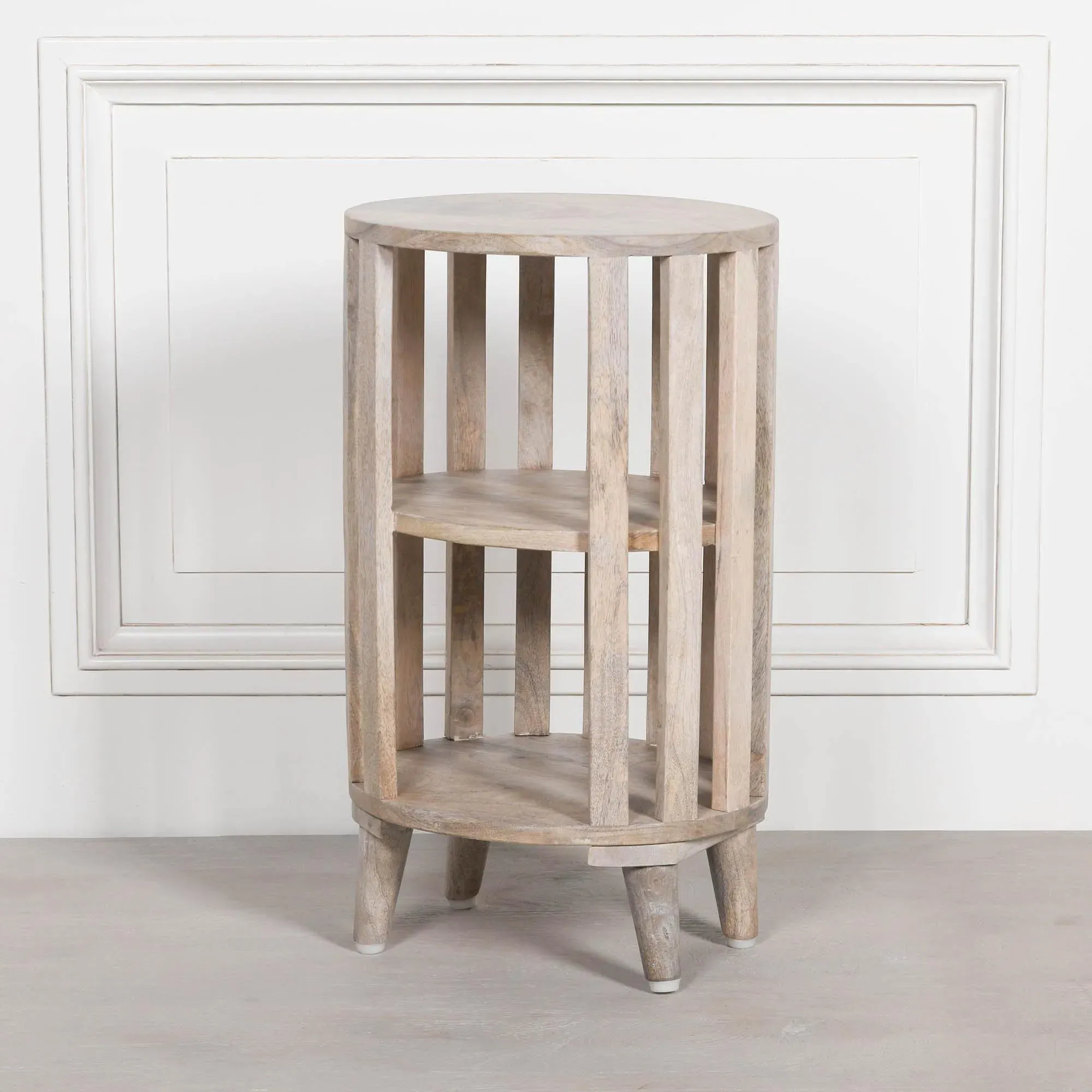 Slatted Round Bedside Table - Washed Wood, Mango Wood