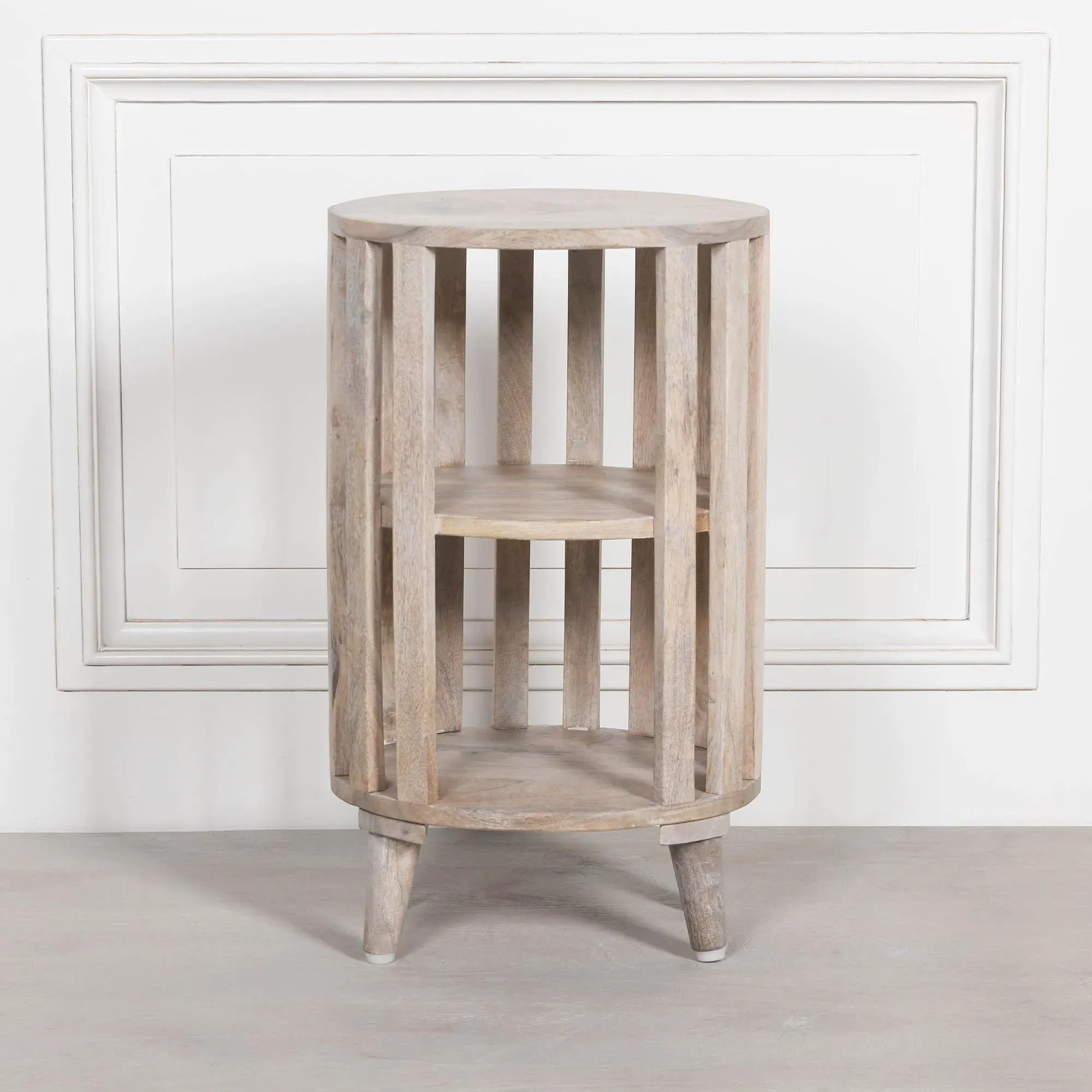 Slatted Round Bedside Table - Washed Wood, Mango Wood
