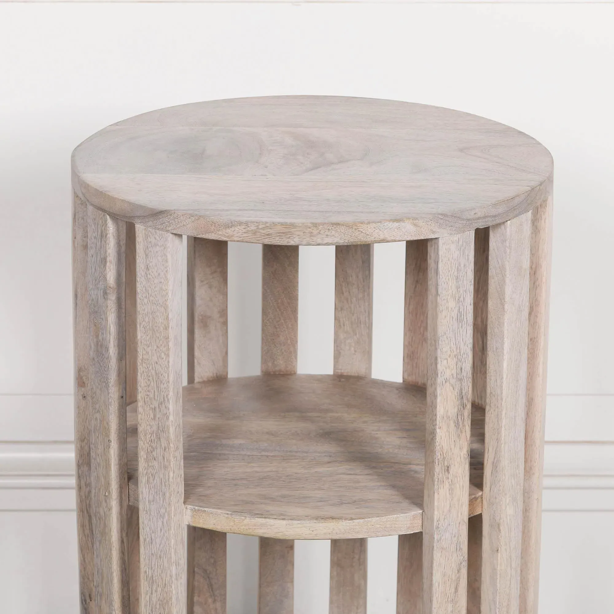 Slatted Round Bedside Table - Washed Wood, Mango Wood