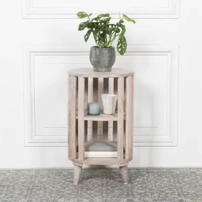 Slatted Round Bedside Table - Washed Wood, Mango Wood image