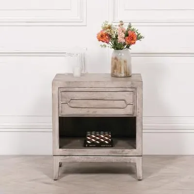 Washed Wood 1 Drawer Bedside Table - Rustic, Mango Wood image
