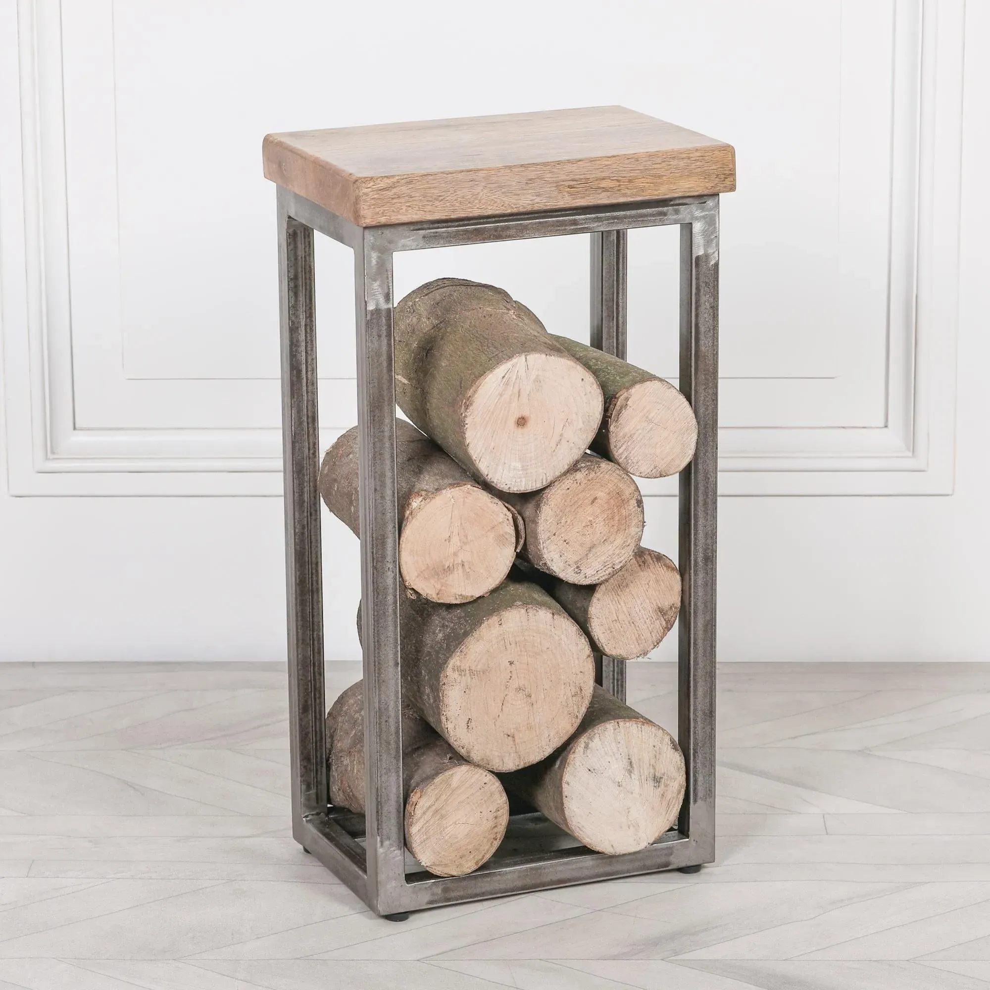 Wood and Metal Log Store Side Table - Mango Wood