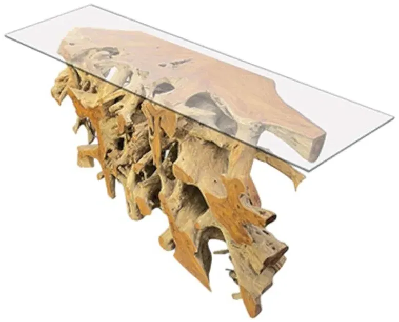Large Teak Root Console Table - Brown, Glass